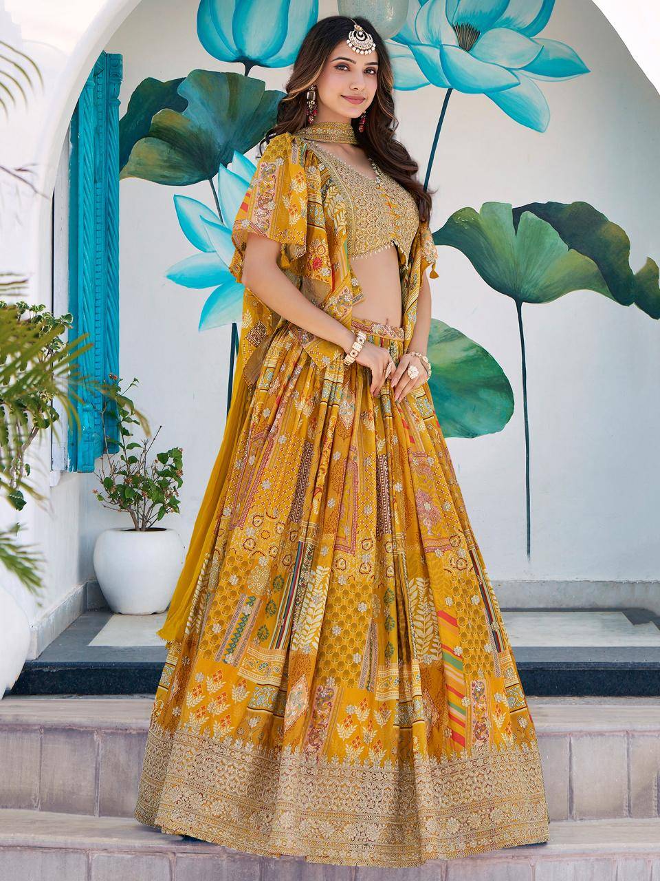 Queen Multicolor Chinnon Silk Yellow Designer lehenga choli wholesale