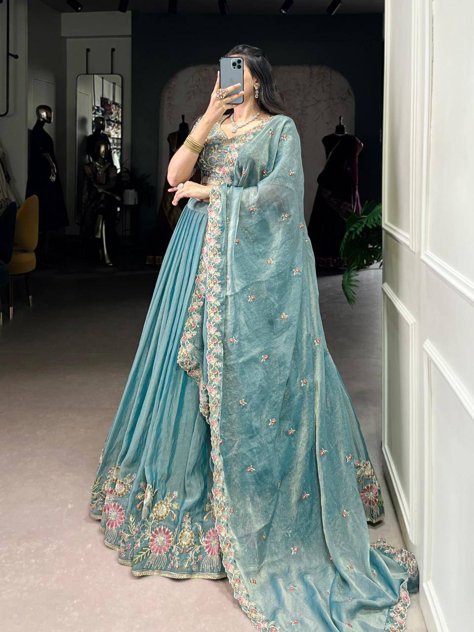 Zari Shimmer Sky blue Lehenga choli wholesale price