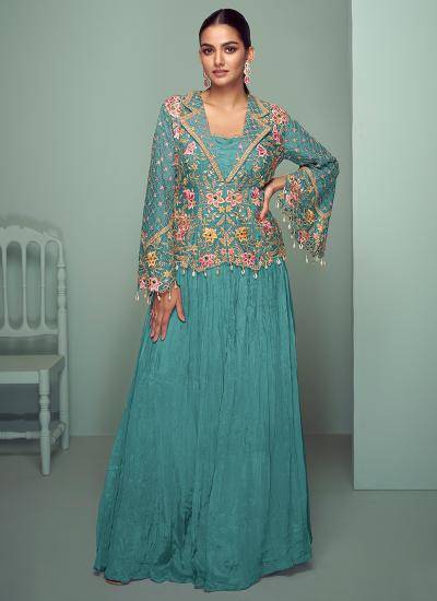 Teal Green Chinon Thread Embroidery Work Lehenga choli for girls wholesale