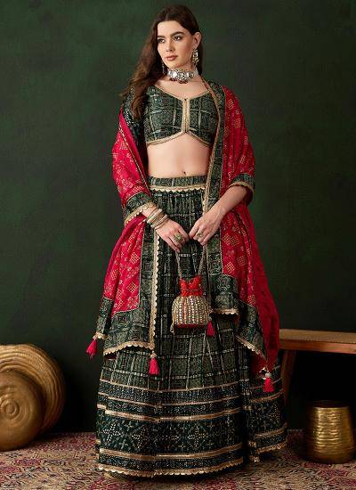 Dark Green Poly Satin Printed Work Indian lehenga choli wholesale