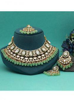 Bridal Wear Parrot Green Color Kundan Necklace Set Indian imitation jewellery online