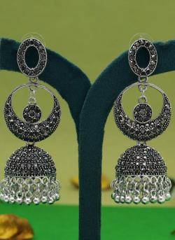 Traditional Wear Silver Color Oxidised Long Polki Earrings 660 Imitation jewellery manufacturers in India