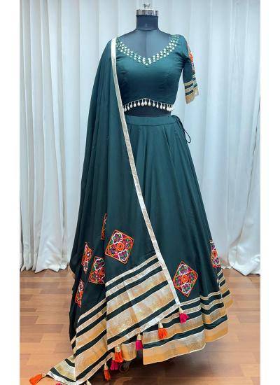 Dark Green Viscose Rayon Thread Embroidery Work Navratri Wear Wholesale lehenga choli suppliers