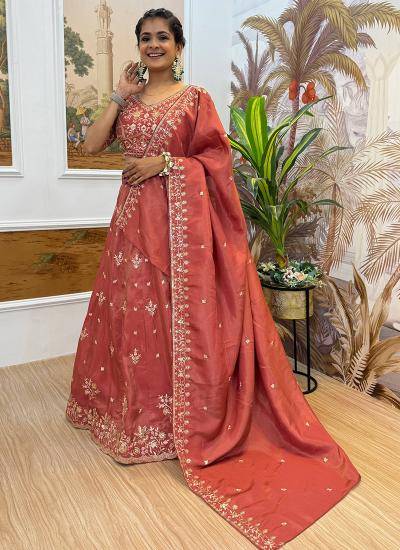 Rust Shimmer Silk Thread Embroidery Work Wedding Wear Designer lehenga choli manufacturers