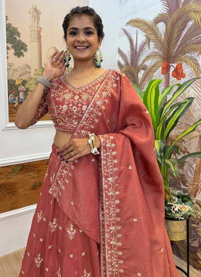 Rust Shimmer Silk Thread Embroidery Work Wedding Wear Designer lehenga choli manufacturers