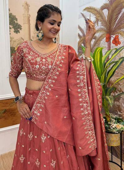 Rust Shimmer Silk Thread Embroidery Work Wedding Wear Designer lehenga choli manufacturers