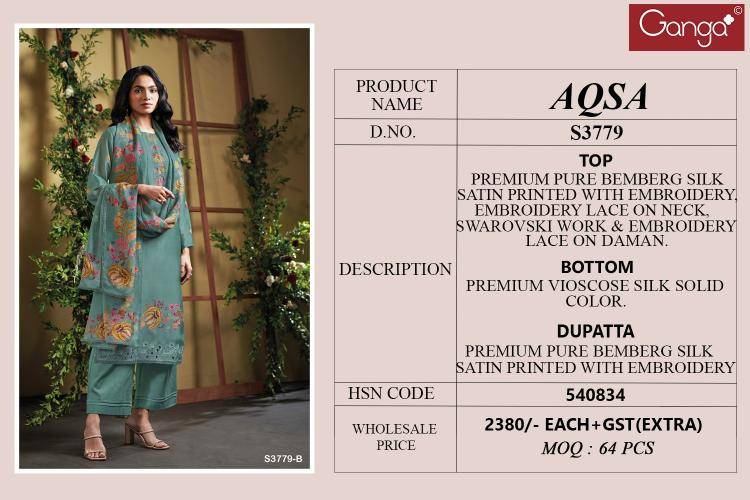 Ganga aqsa 3779 Designer dress material suppliers in Mumbai