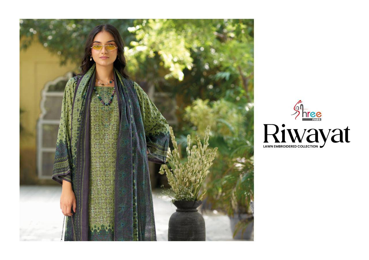 Shree fabs riwayat lawn emb collection 2025 Dress material wholesale market in Gujarat