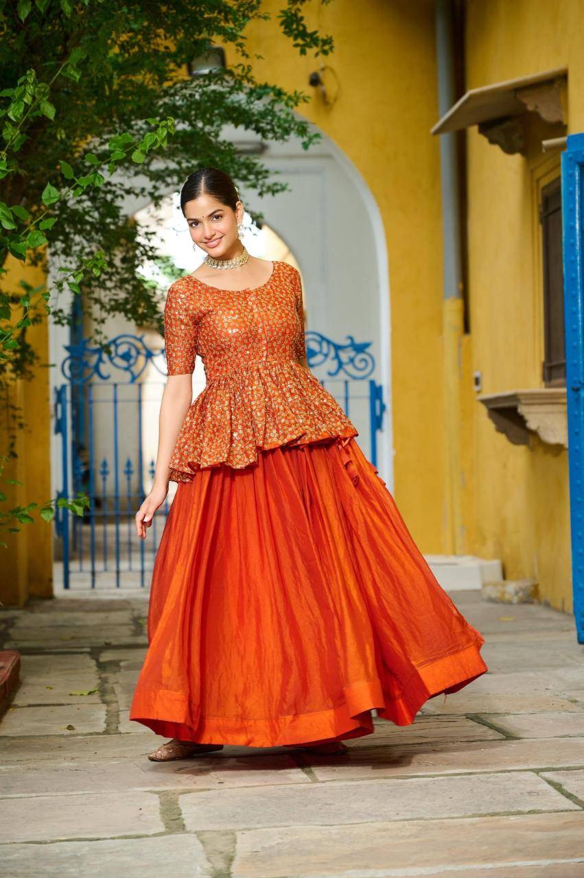 Premium LW-7137 Fendy Orange Latest lehenga choli designs in Ahmedabad
