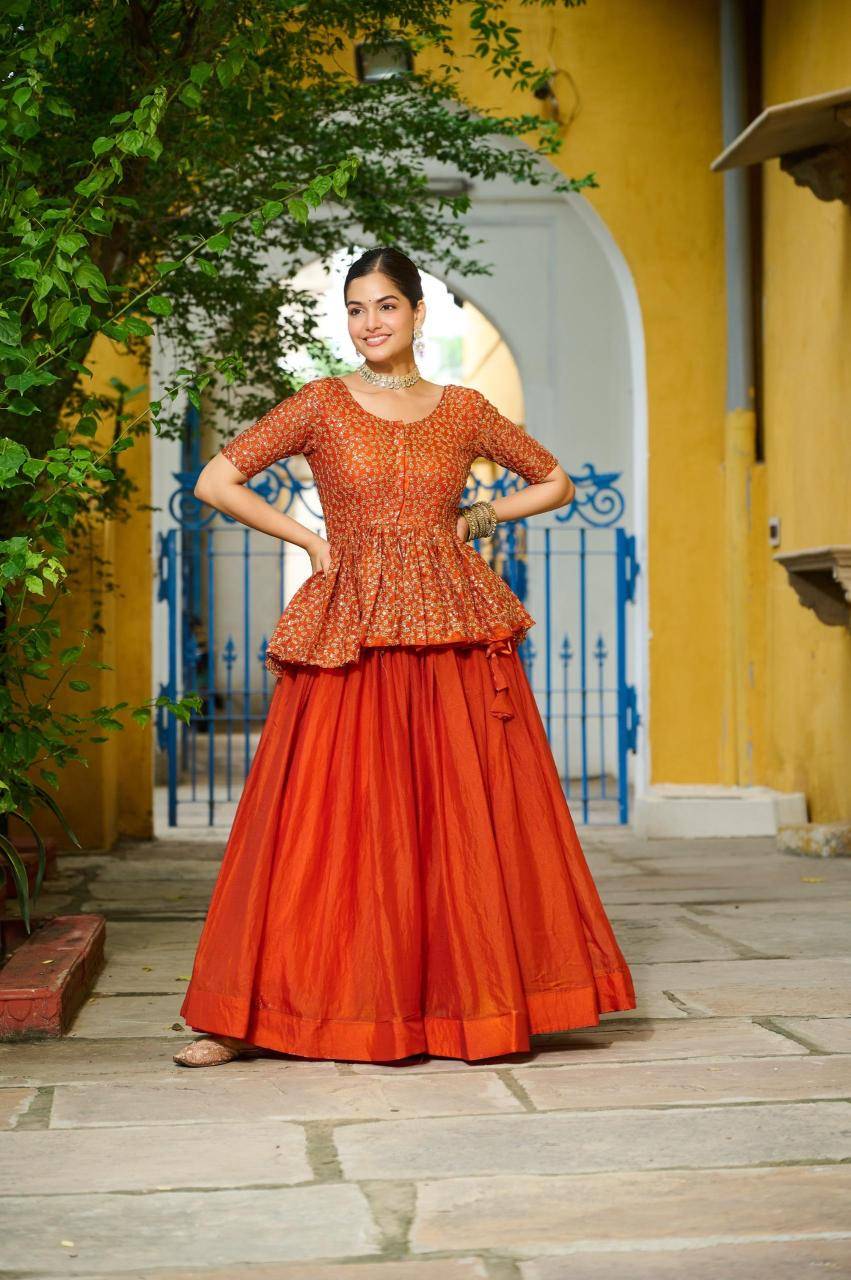 Premium LW-7137 Fendy Orange Latest lehenga choli designs in Ahmedabad