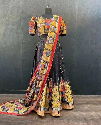 KALAMKARI Chinon Black Lehenga choli exporters in India