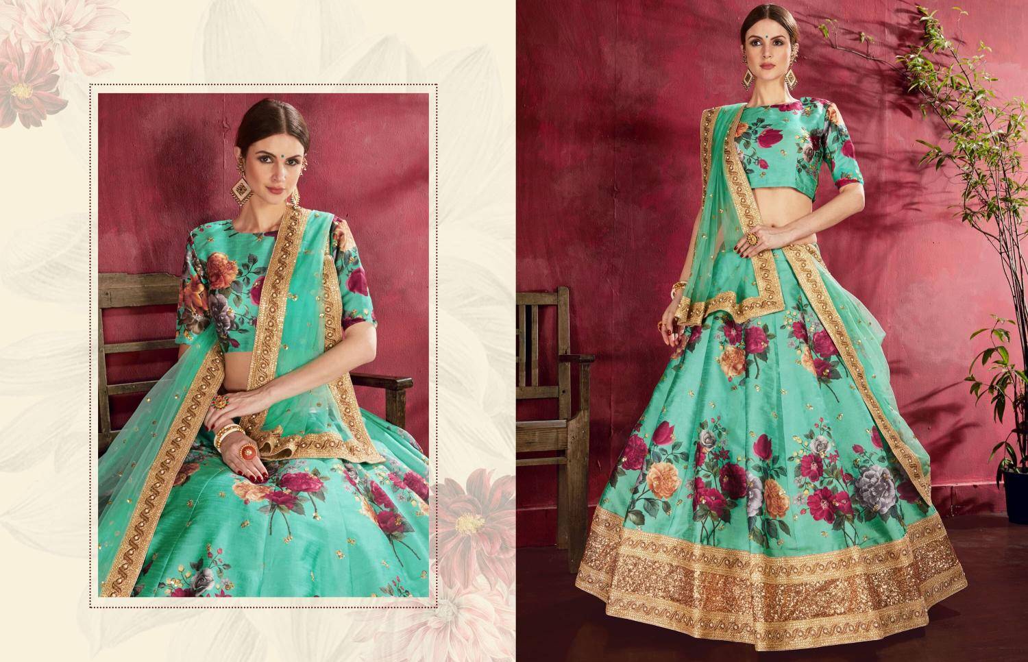 Carnations vol 1 banglori silk Green Indo-western Lehenga Choli Wholesalers