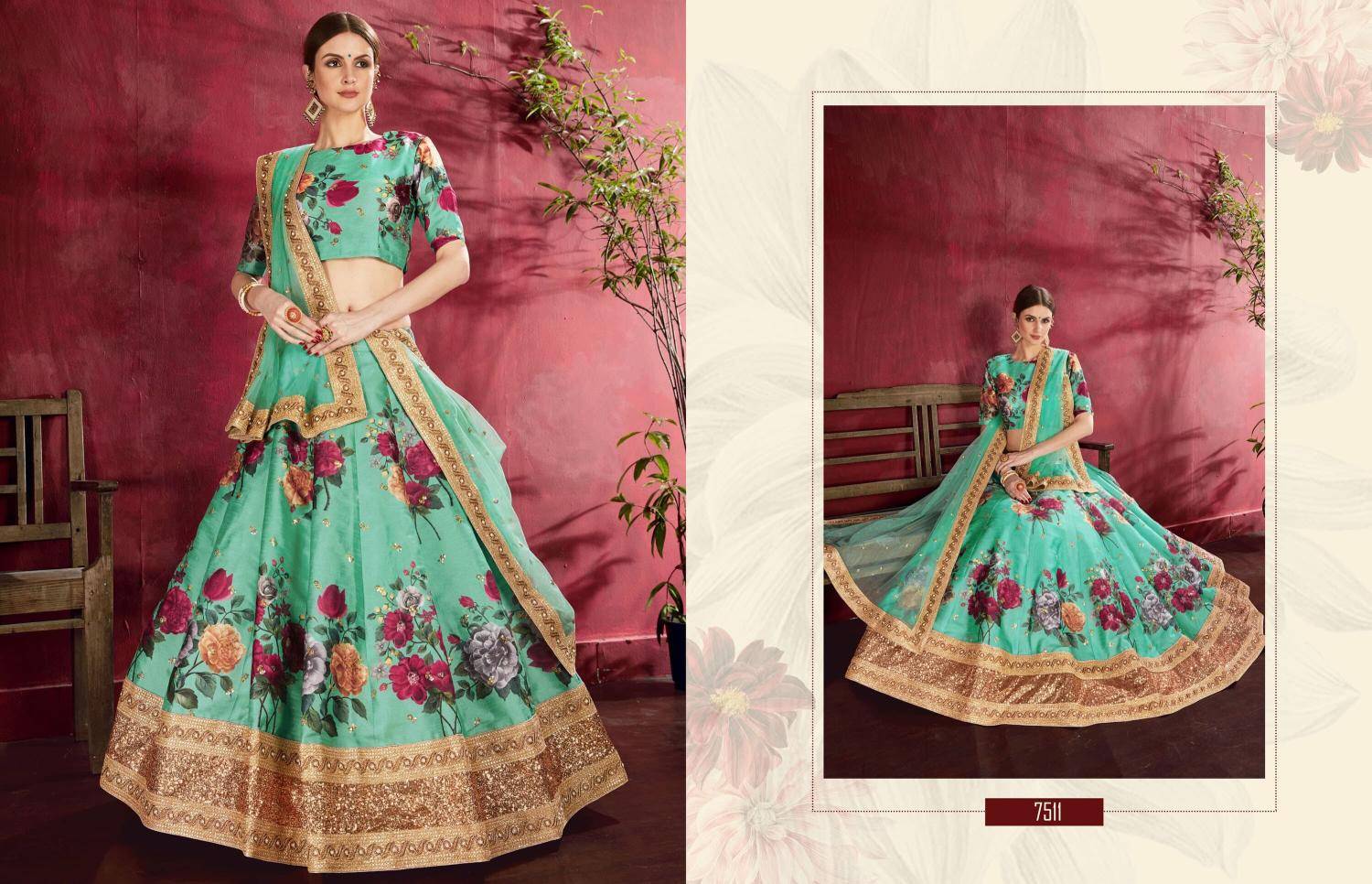 Carnations vol 1 banglori silk Green Indo-western Lehenga Choli Wholesalers
