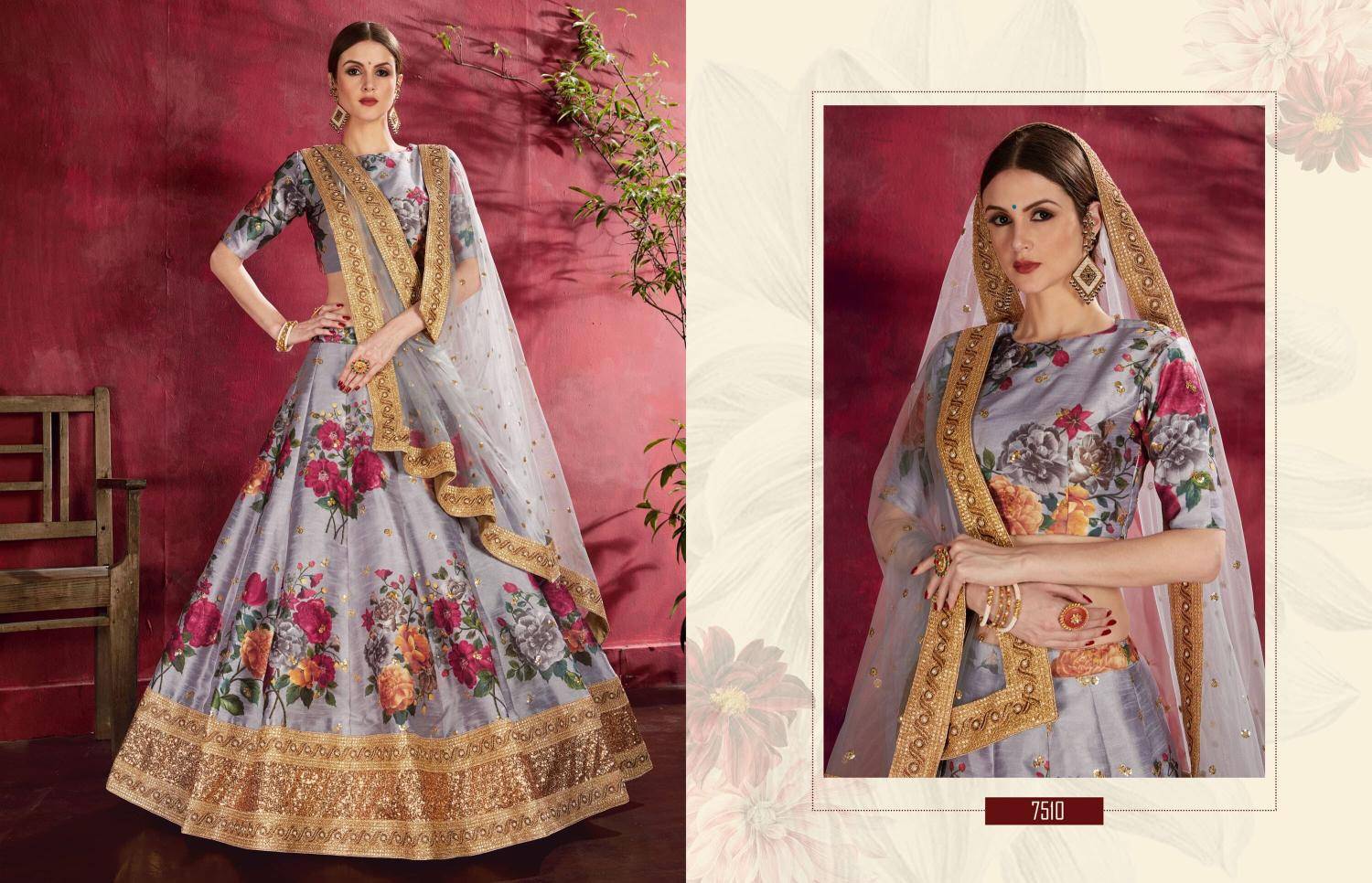 Carnations vol 1 banglori silk Gray Net Lehenga Choli Suppliers