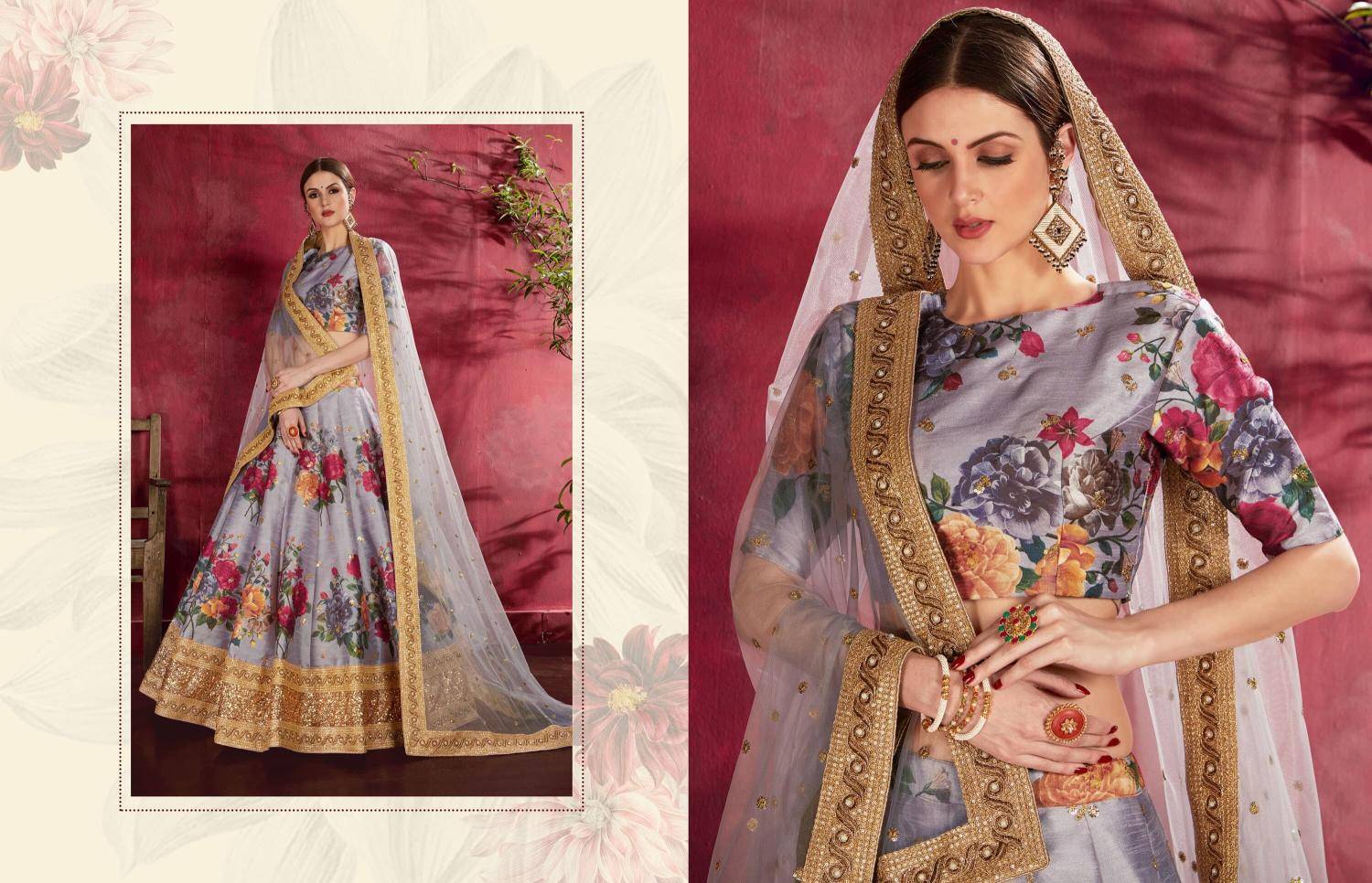 Carnations vol 1 banglori silk Gray Net Lehenga Choli Suppliers