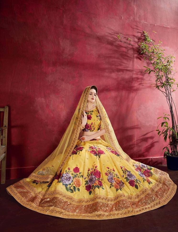 Carnations vol 1 banglori silk Yellow Heavy Embroidered Lehenga Choli Suppliers
