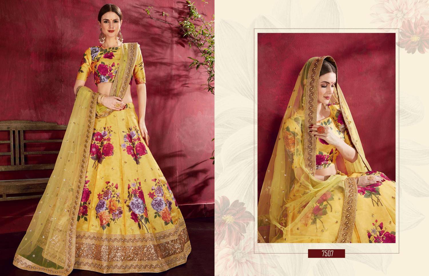 Carnations vol 1 banglori silk Yellow Heavy Embroidered Lehenga Choli Suppliers