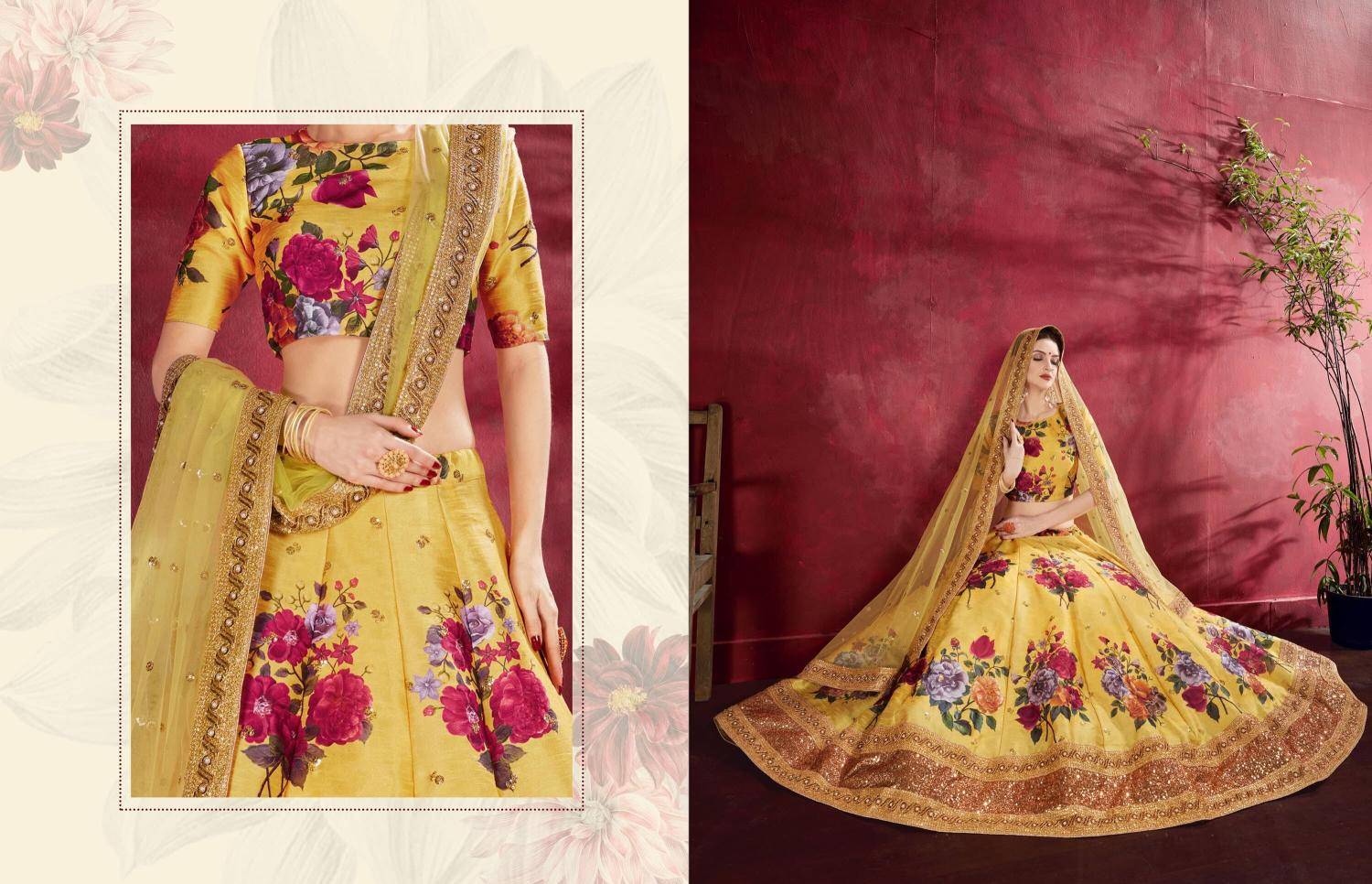 Carnations vol 1 banglori silk Yellow Heavy Embroidered Lehenga Choli Suppliers