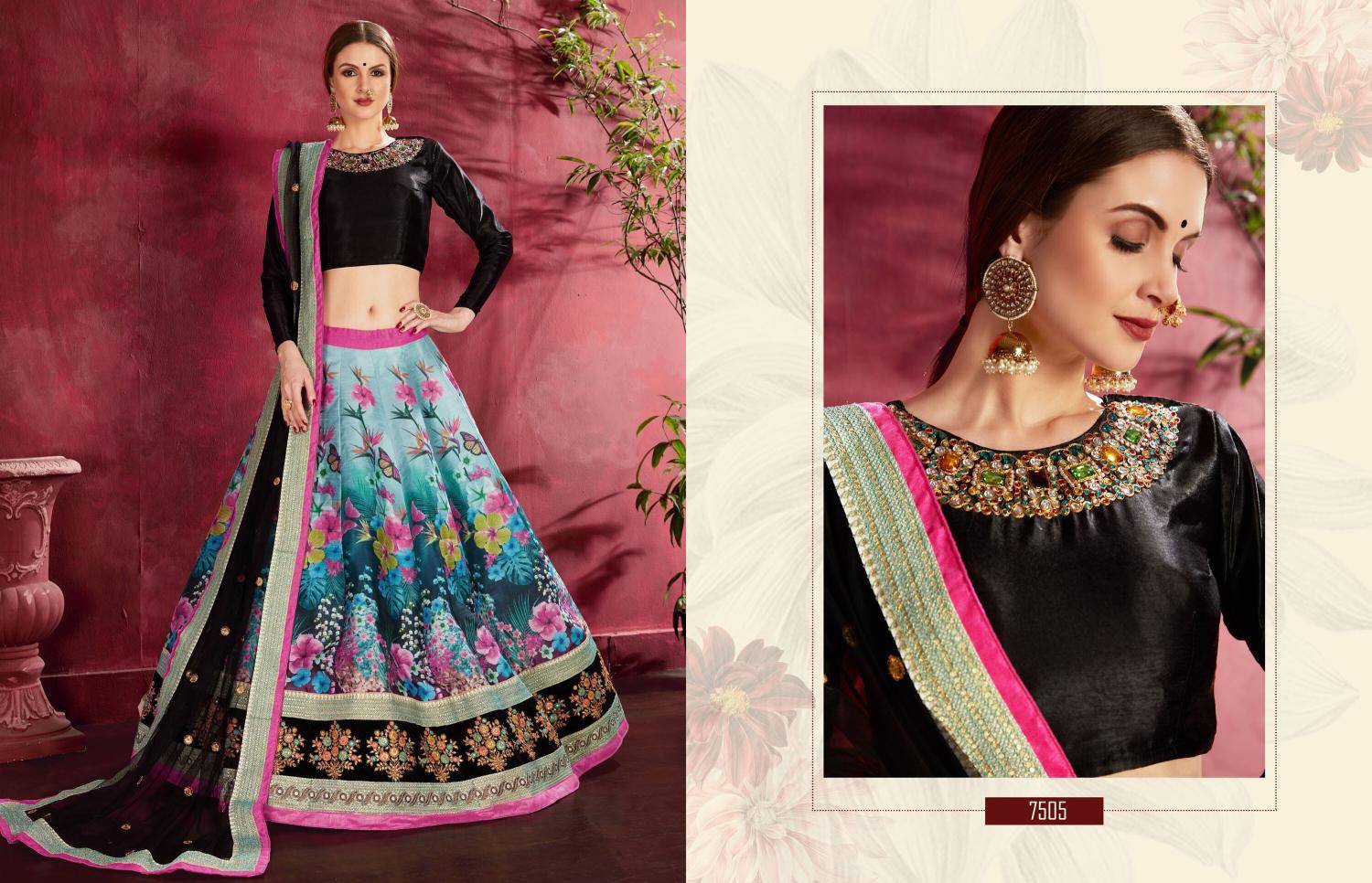 Carnations vol 1 banglori silk Black muticolor Lehenga choli wholesale