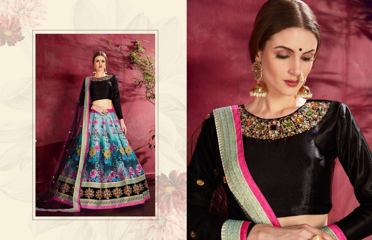 Carnations vol 1 banglori silk Black muticolor Lehenga choli wholesale