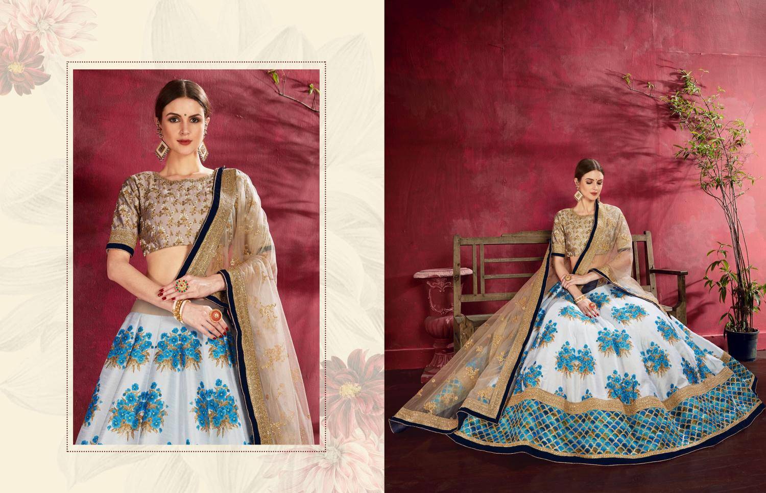 Carnations vol 1 banglori silk Cream beige Wholesale lehenga online