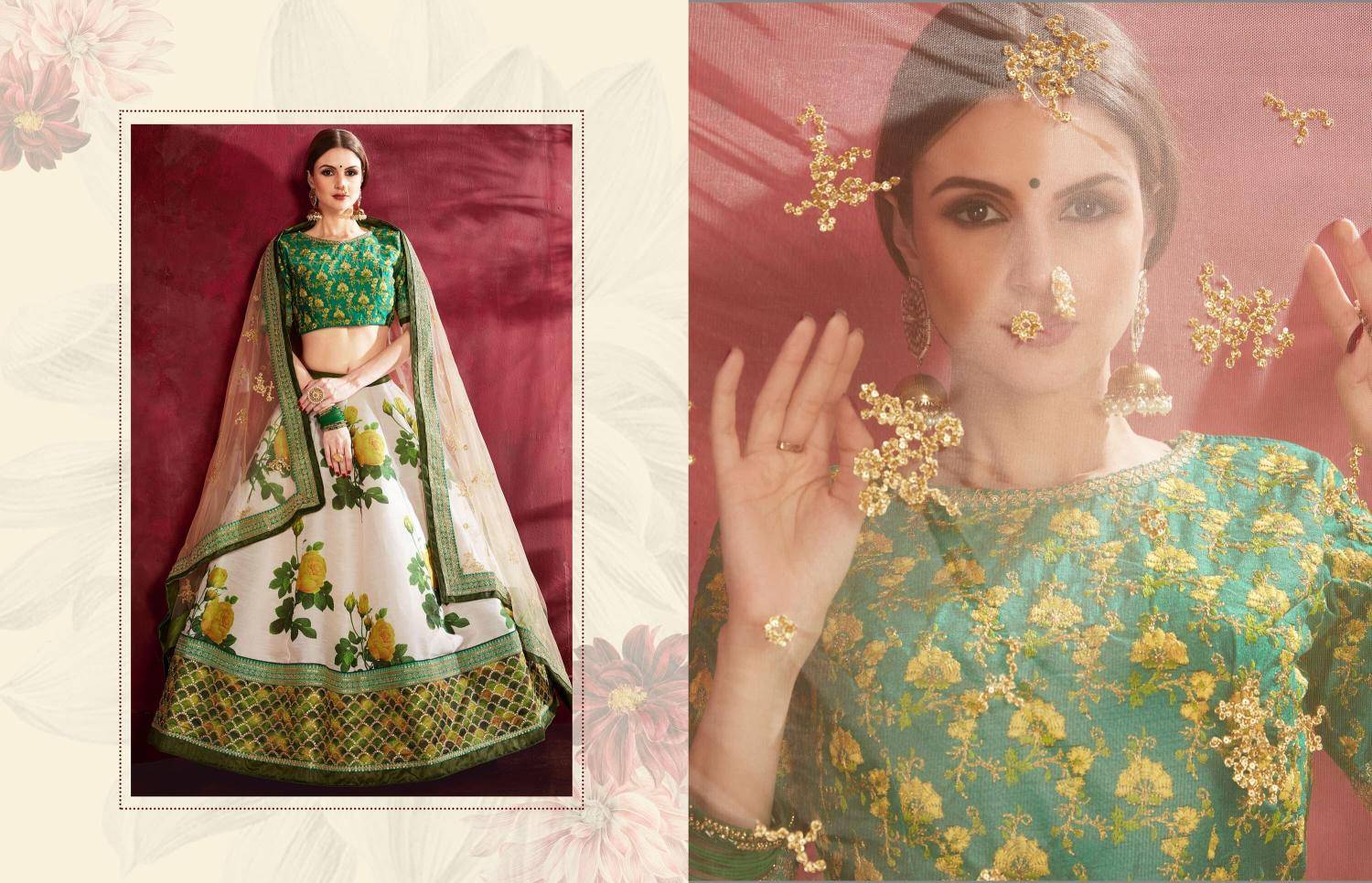 Carnations vol 1 banglori silk Cream Green Lehenga choli supplier