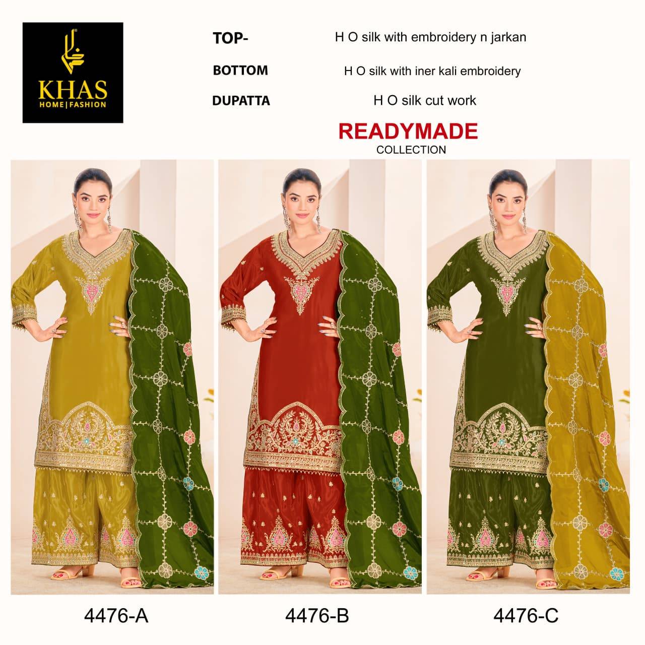 Khas 4476 A To C Silk With Embroidery  Pakistani suits manufacturers in Delhi