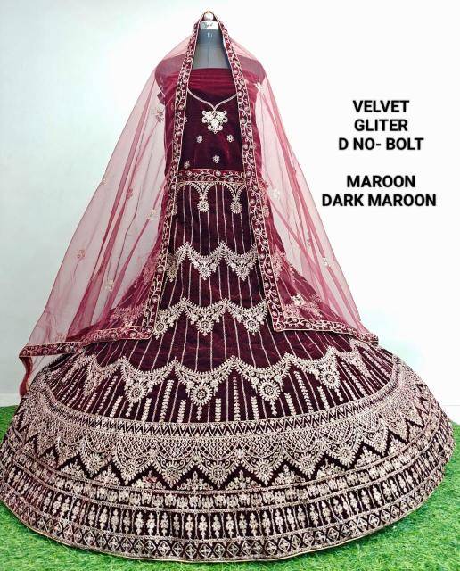 Velvet Gliter Bolt Dark Maroon Lehenga choli wholesale shop