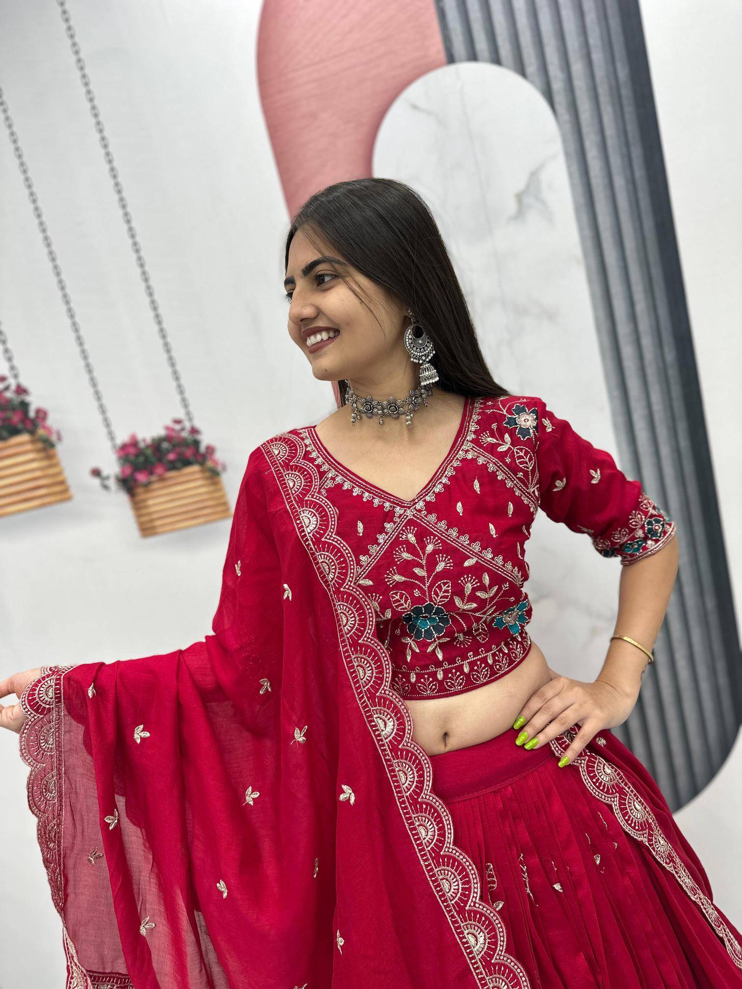 Tapi-298 Vichitra silk Red Embroidered lehenga choli wholesale