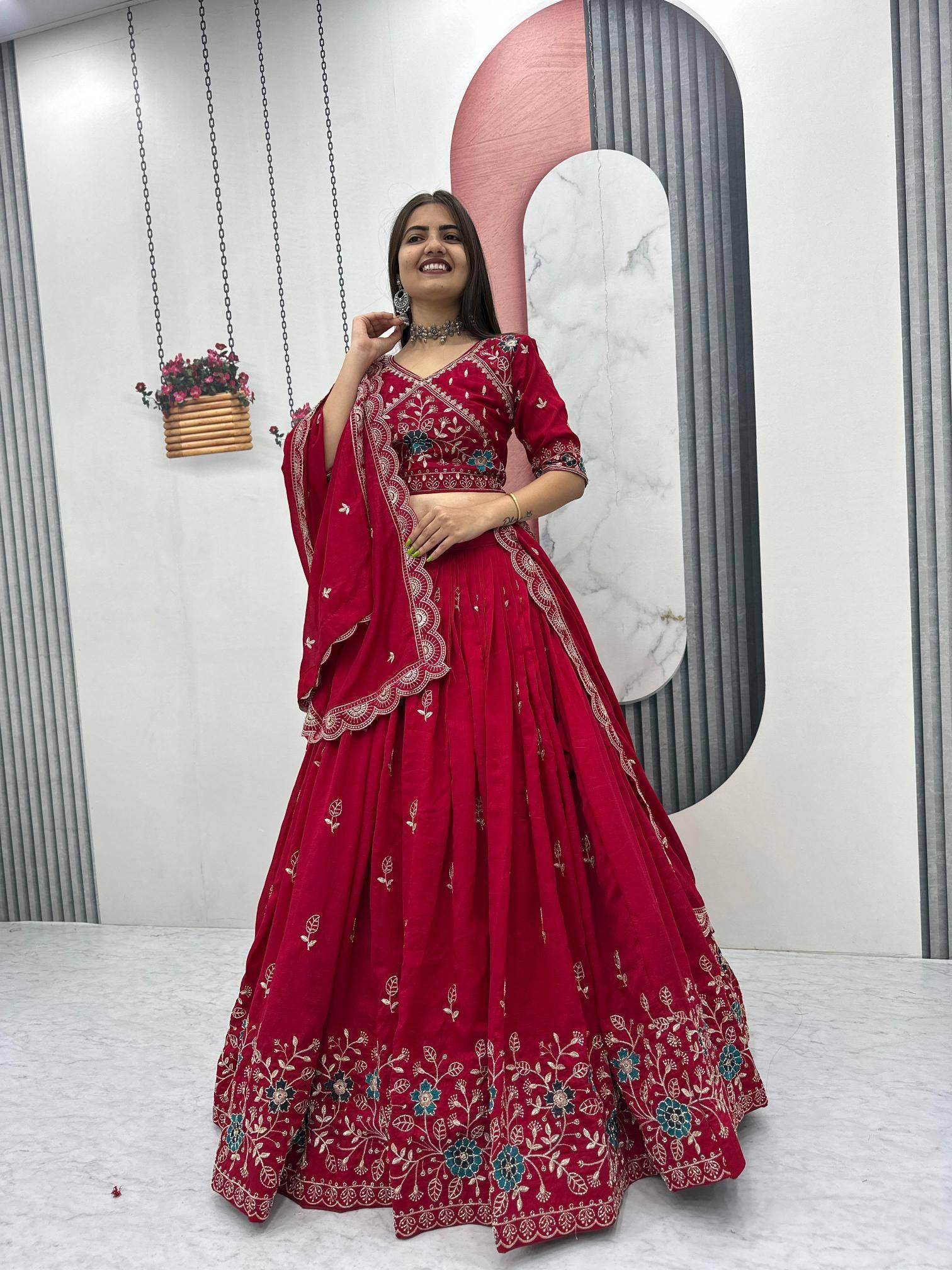 Tapi-298 Vichitra silk Red Embroidered lehenga choli wholesale