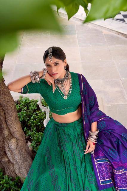 N BANDHANI Tussar Silk Green Embroidered lehenga choli wholesale in Mumbai