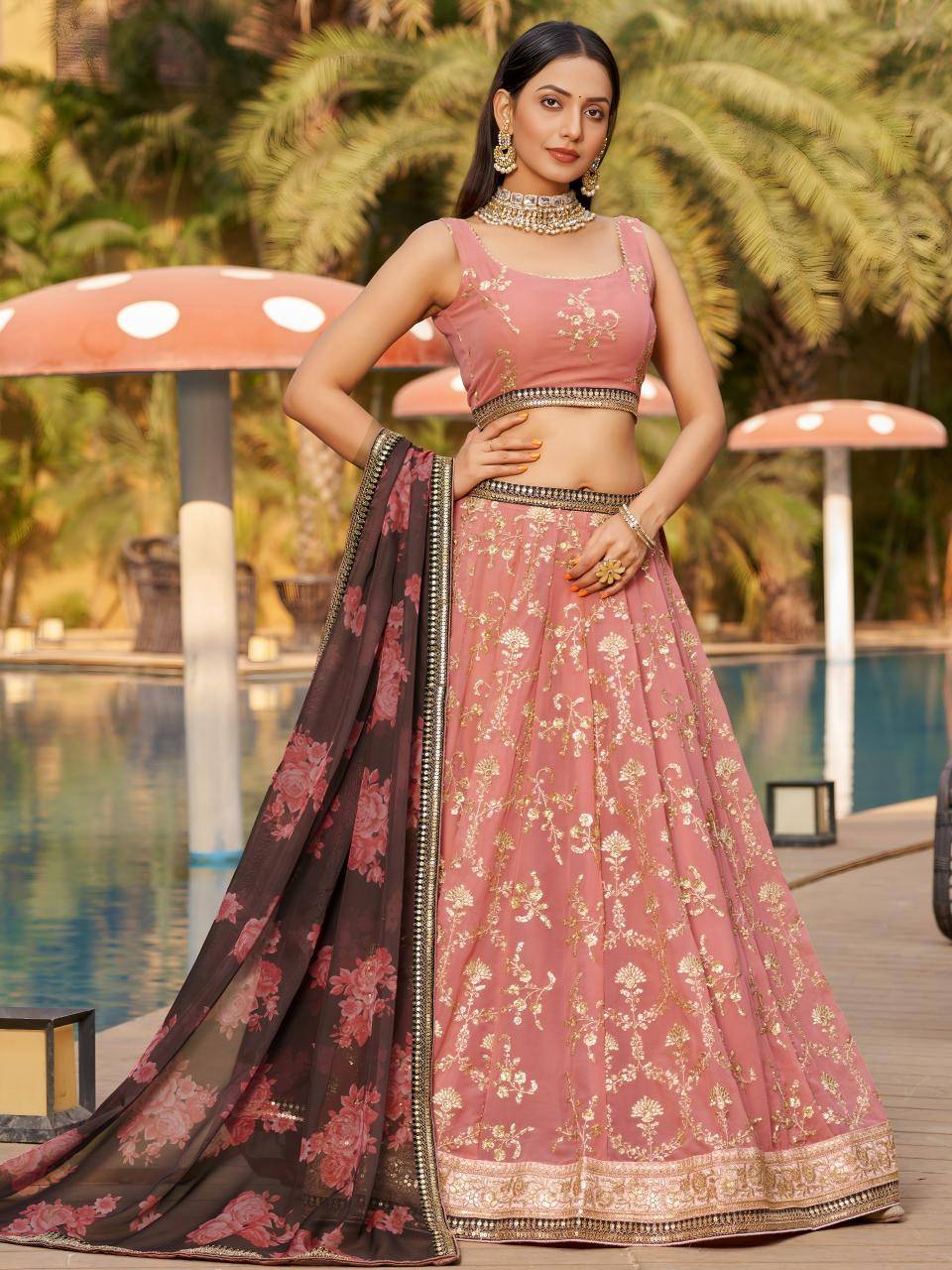 Golden Palm -08 Georgette Pink Wholesale Lehenga Market