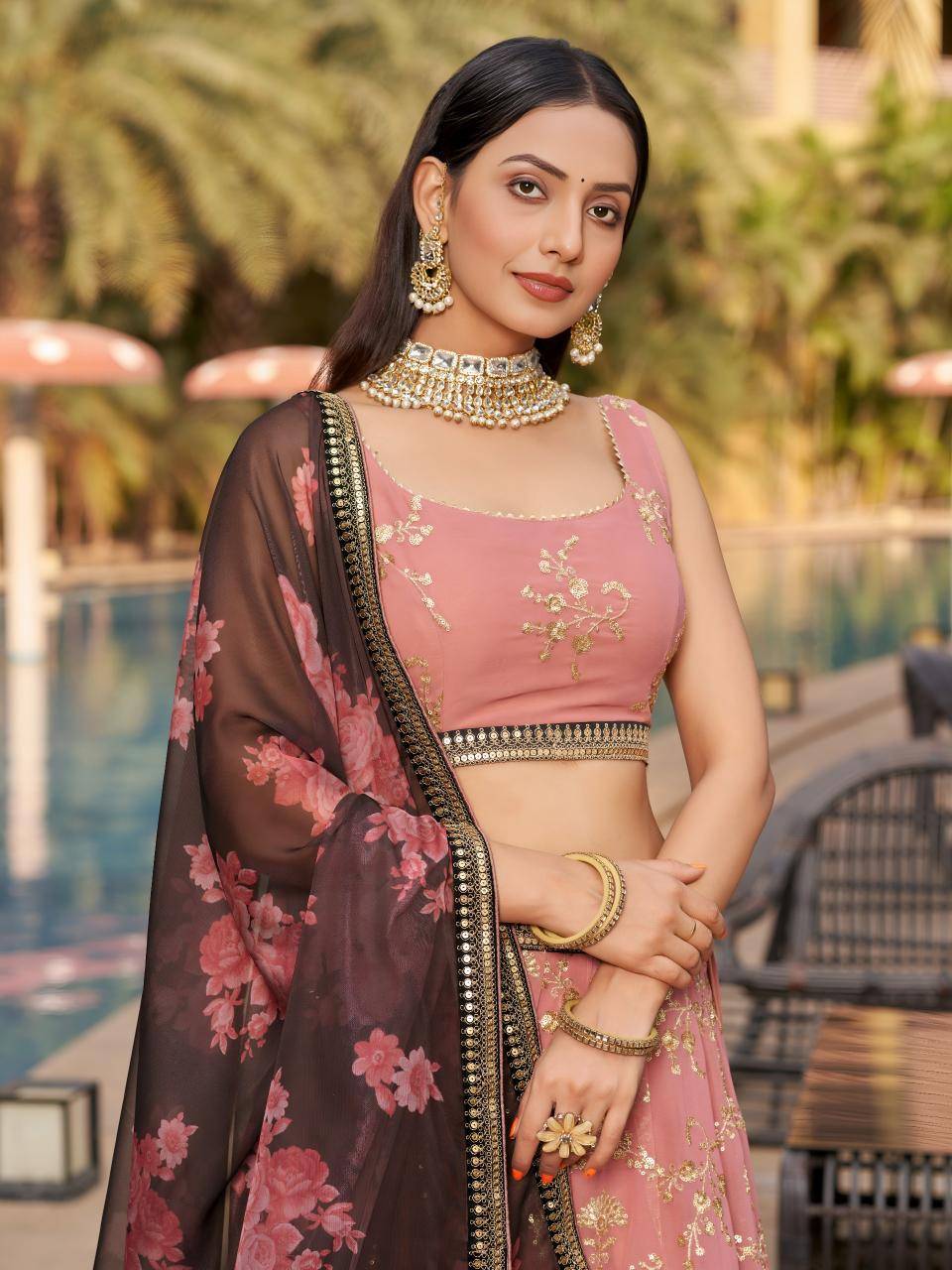 Golden Palm -08 Georgette Pink Wholesale Lehenga Market