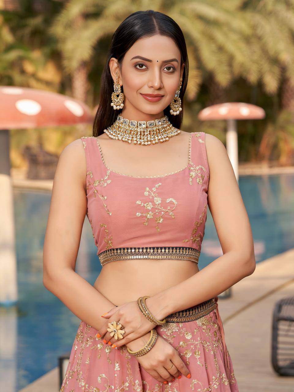 Golden Palm -08 Georgette Pink Wholesale Lehenga Market