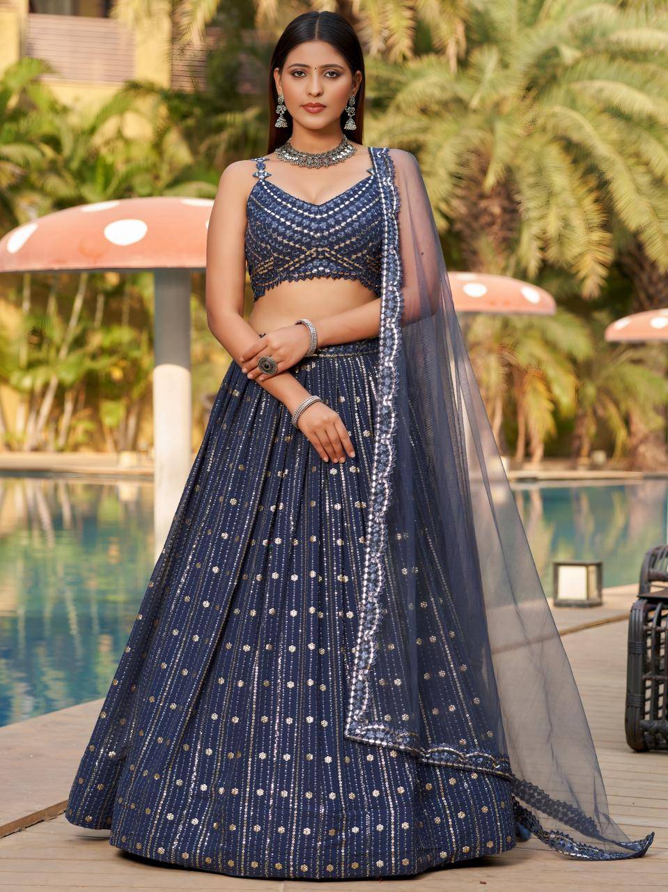 Golden Palm -08 Georgette Grey Wholesale lehenga market