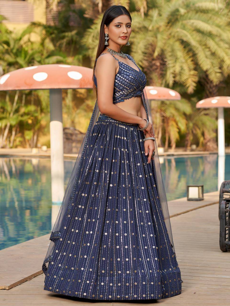 Golden Palm -08 Georgette Grey Wholesale lehenga market