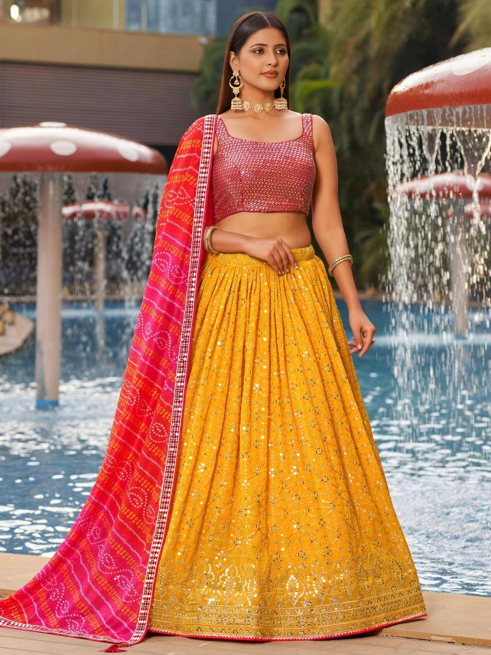 Golden Palm -08 Georgette Yellow Wholesale lehenga suppliers
