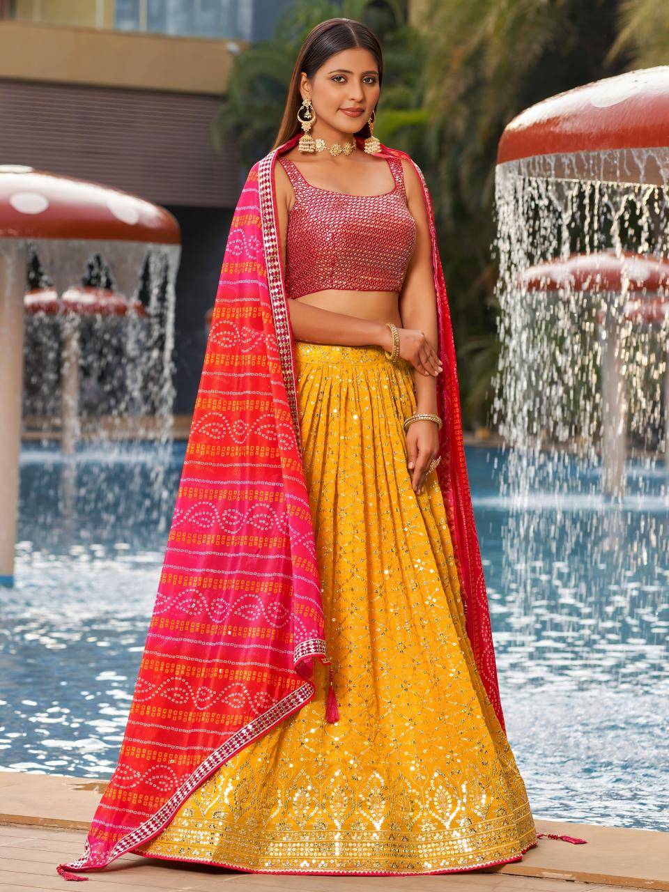 Golden Palm -08 Georgette Yellow Wholesale lehenga suppliers