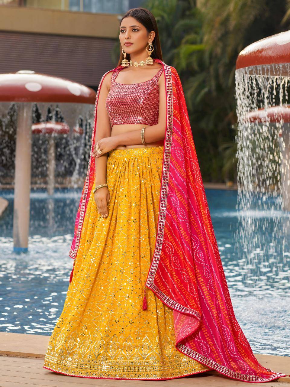 Golden Palm -08 Georgette Yellow Wholesale lehenga suppliers