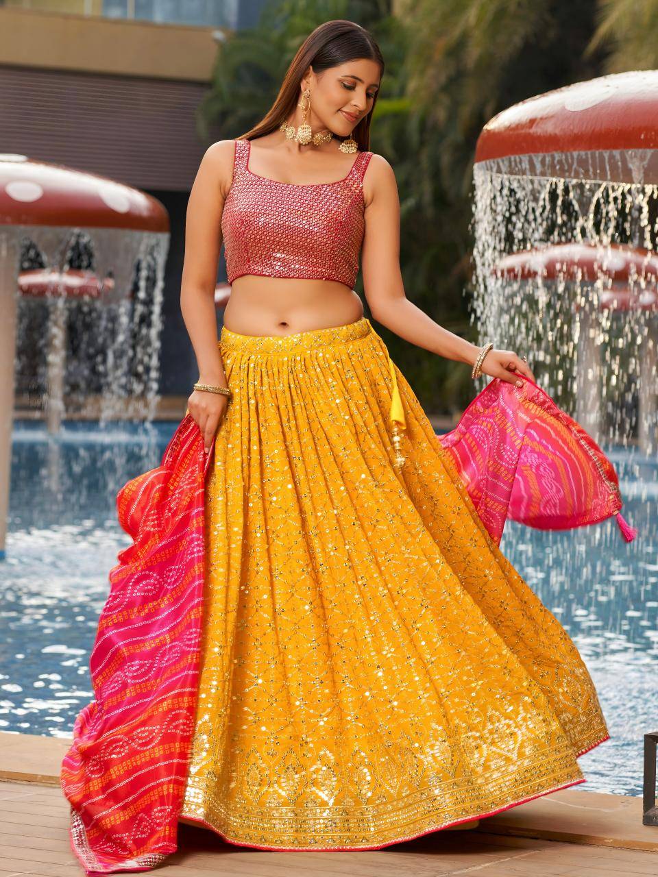 Golden Palm -08 Georgette Yellow Wholesale lehenga suppliers