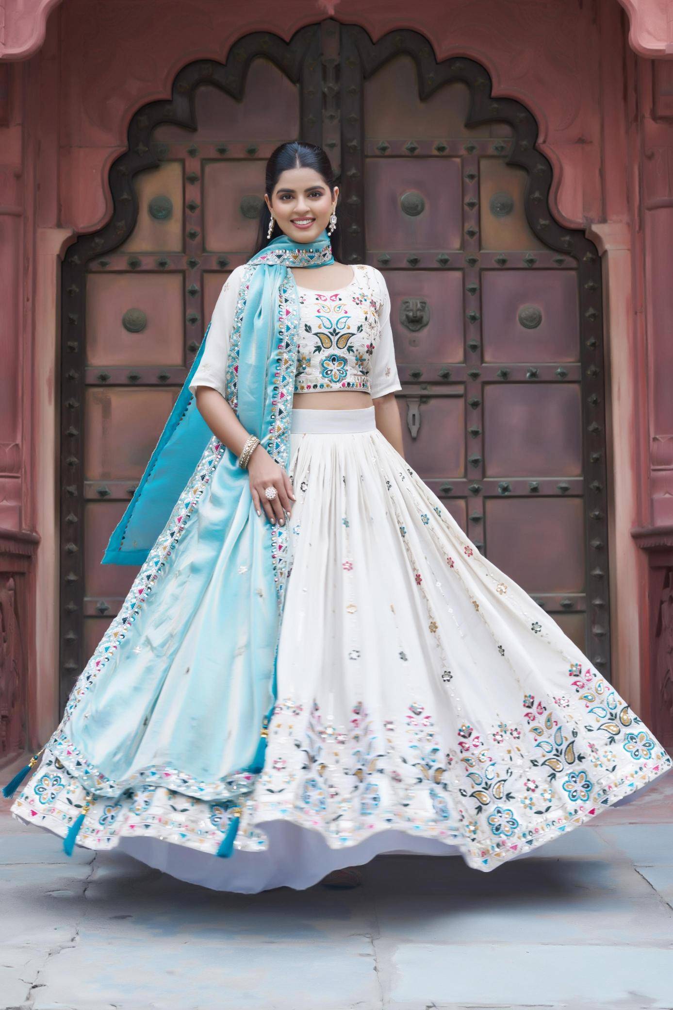 Ram-144 Tissue silk Sky Blue Wholesale lehenga choli catalogue