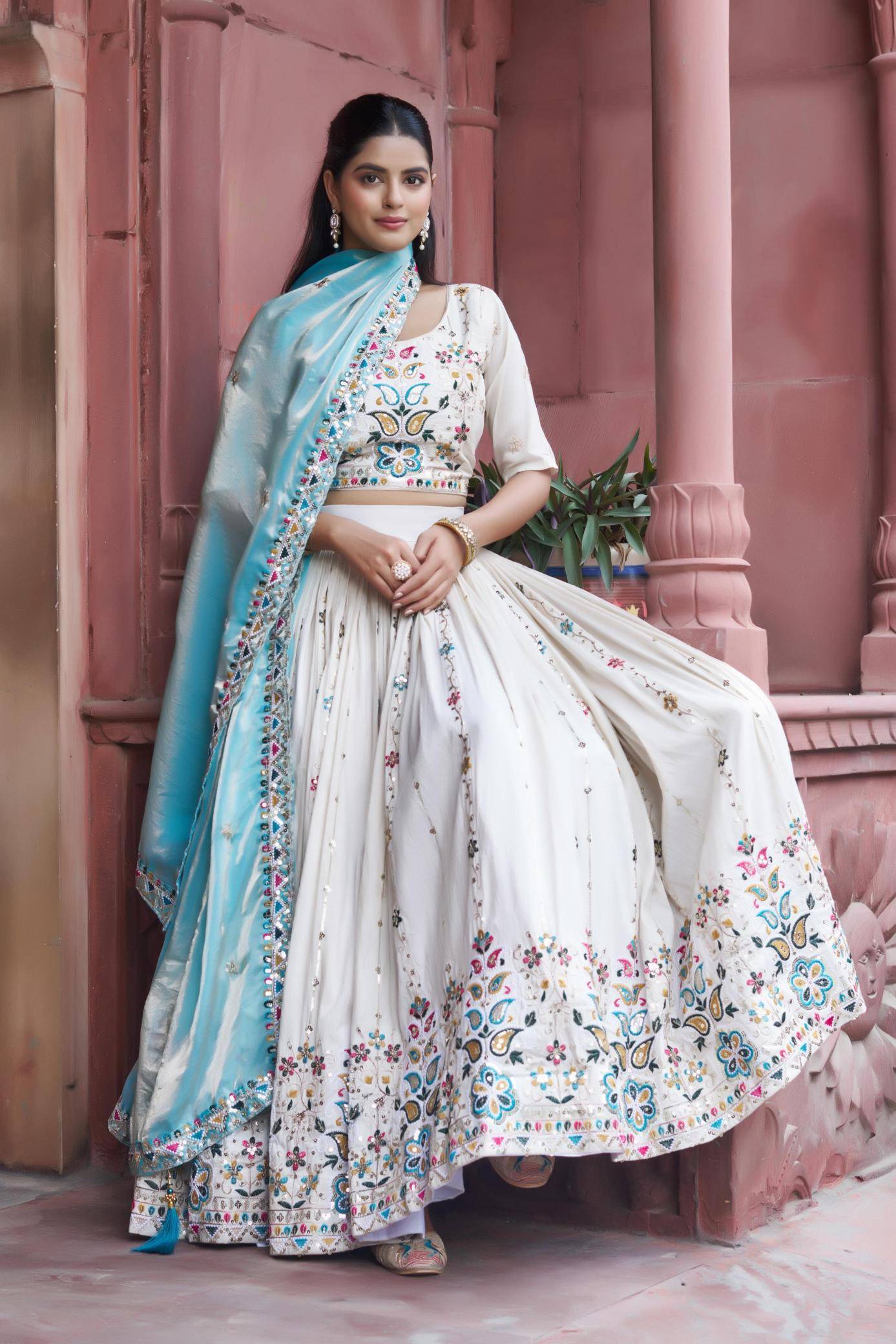 Ram-144 Tissue silk Sky Blue Wholesale lehenga choli catalogue