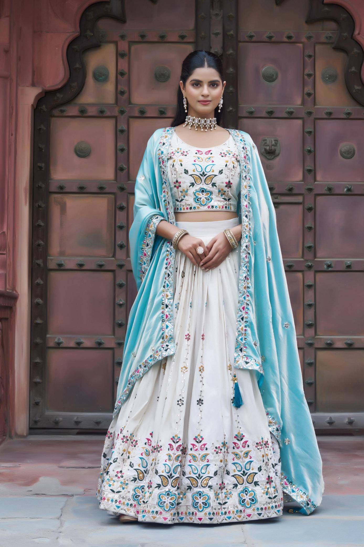 Ram-144 Tissue silk Sky Blue Wholesale lehenga choli catalogue