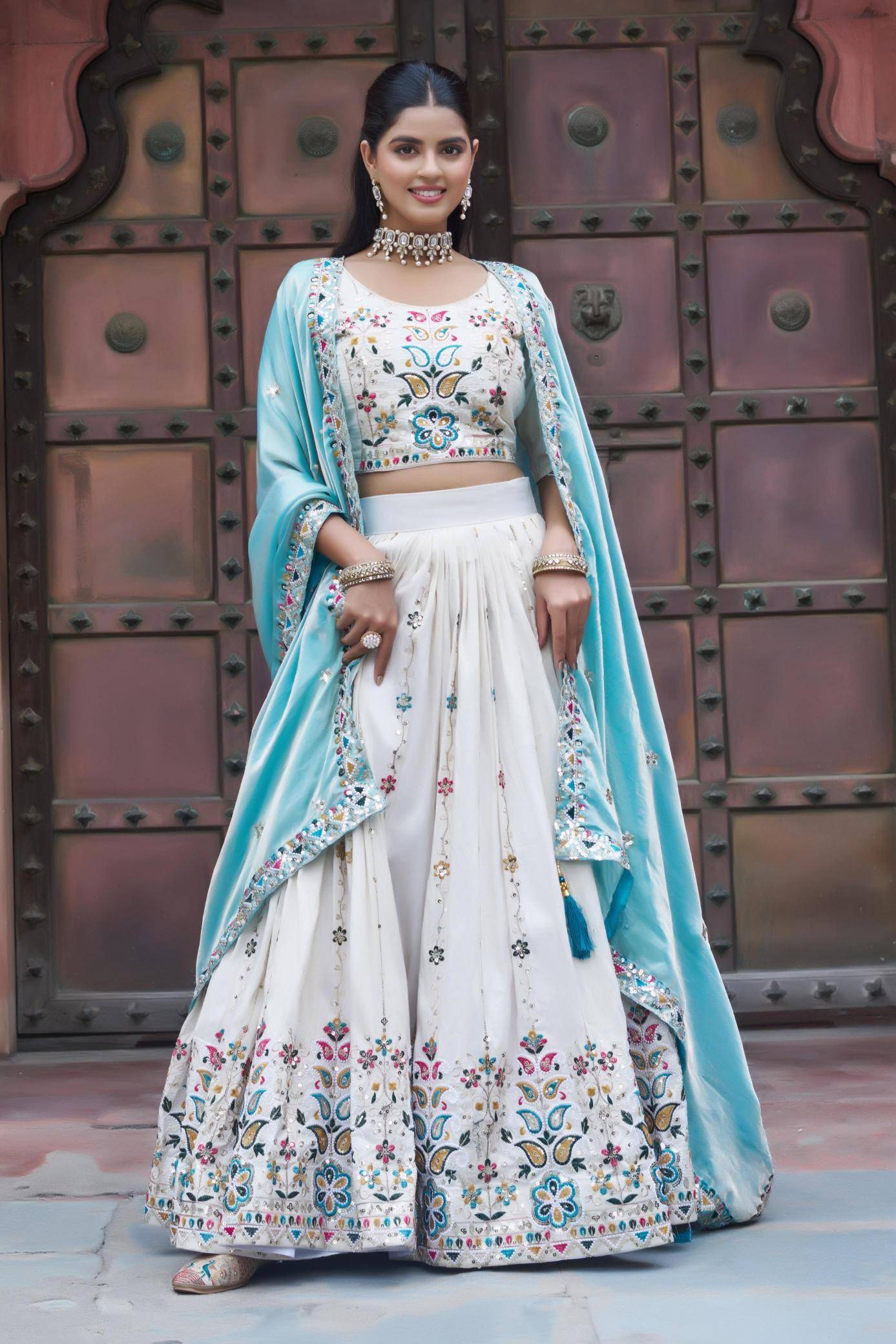 Ram-144 Tissue silk Sky Blue Wholesale lehenga choli catalogue