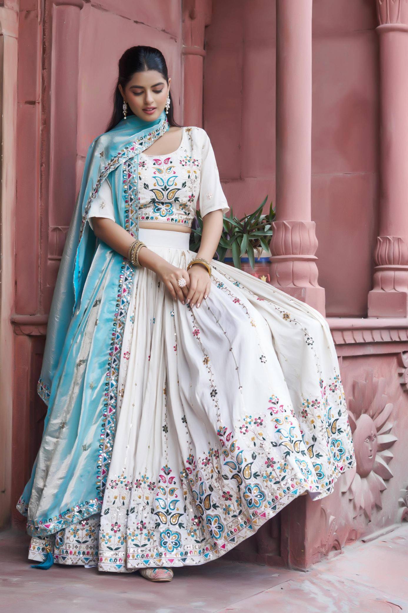 Ram-144 Tissue silk Sky Blue Wholesale lehenga choli catalogue