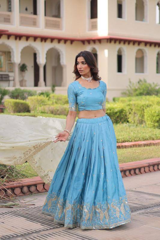 Premium Designer Sequins Crush Sky Blue Traditional Lehegha Choli in Mumbai