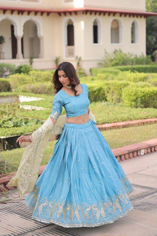 Premium Designer Sequins Crush Sky Blue Traditional Lehegha Choli in Mumbai