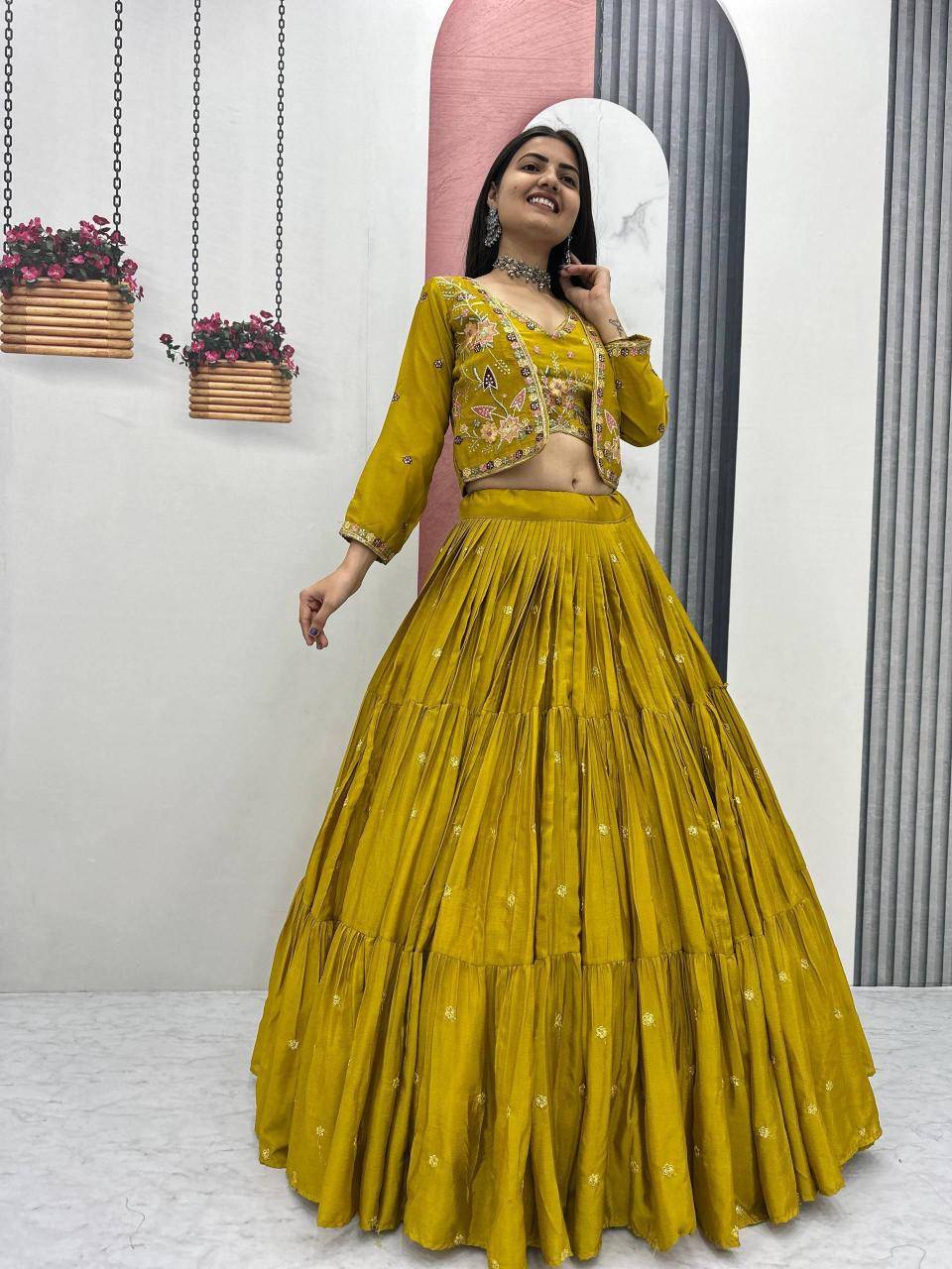 Big Flair 9 Pc-538 Chinon Yellow Bollywood Style Lehegha Choli in Mumbai