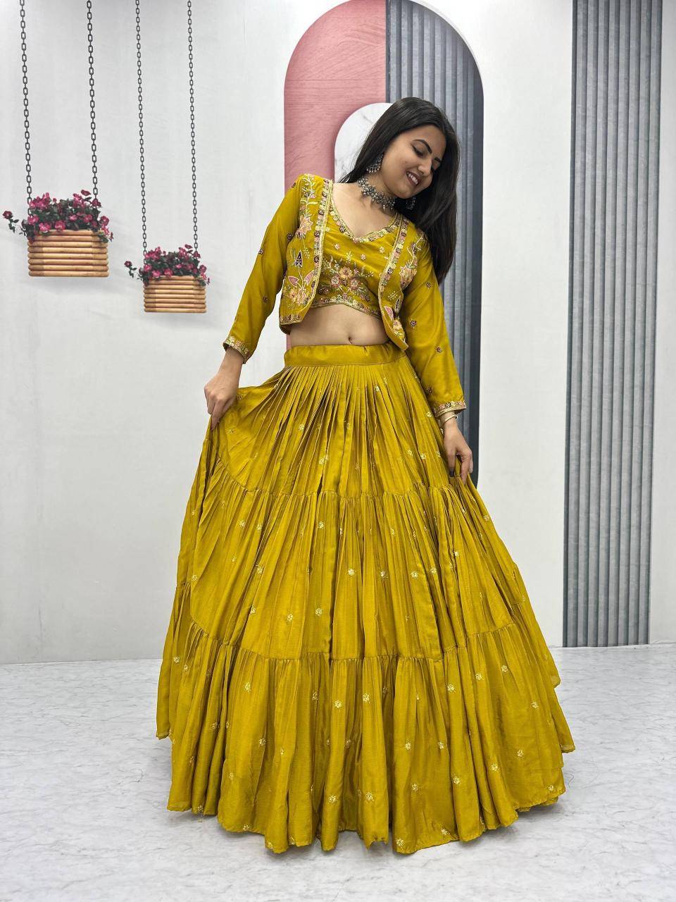 Big Flair 9 Pc-538 Chinon Yellow Bollywood Style Lehegha Choli in Mumbai