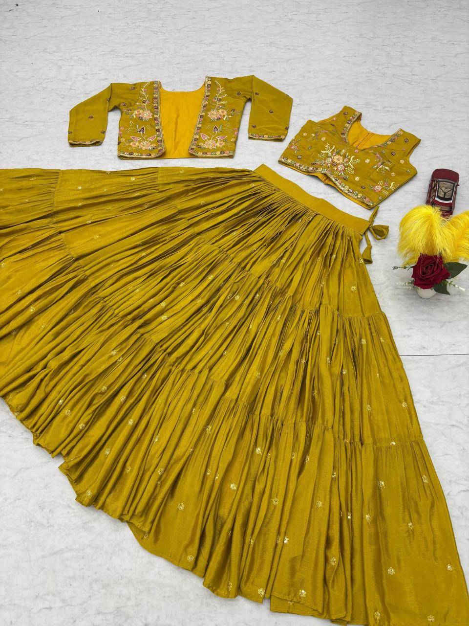 Big Flair 9 Pc-538 Chinon Yellow Bollywood Style Lehegha Choli in Mumbai